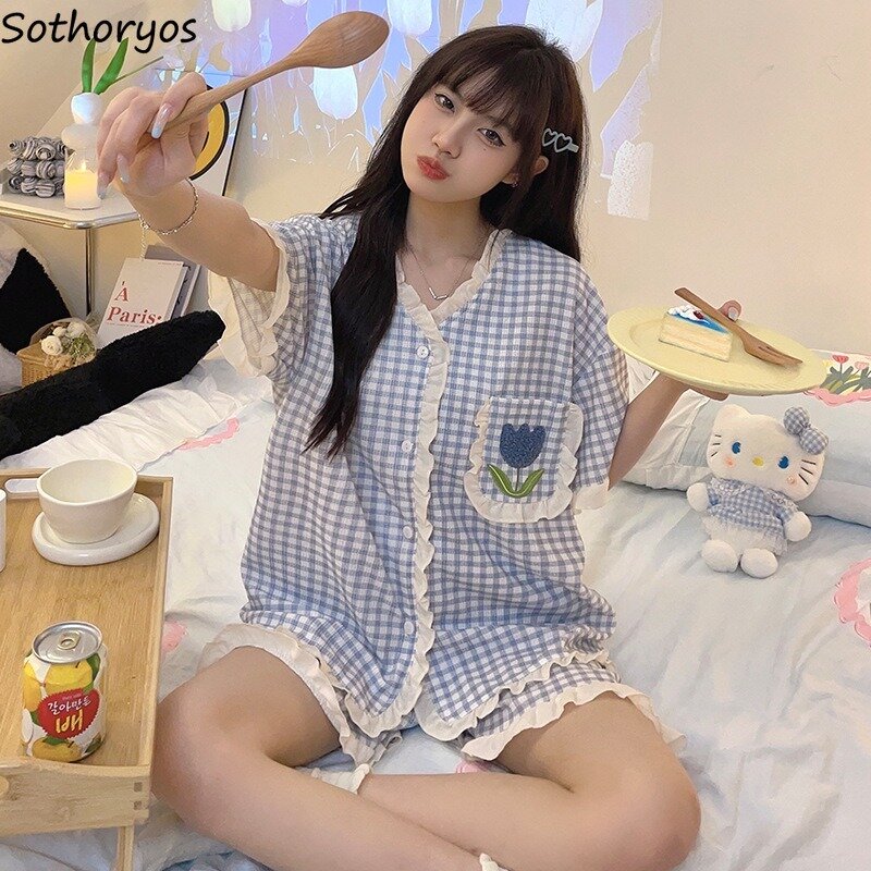 Plaid Pyjama setzt Frauen Sommer süße Studenten Blumen Patchwork Rüschen entworfen koreanischen Stil schöne Mädchen lässig einfach weich