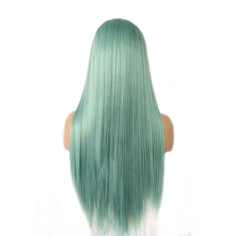 Diniwig Wig hijau abu panjang halus lurus sintetis renda depan Wig tanpa lem serat panas rambut Wig sintetis renda Frontal Cosplay Wig