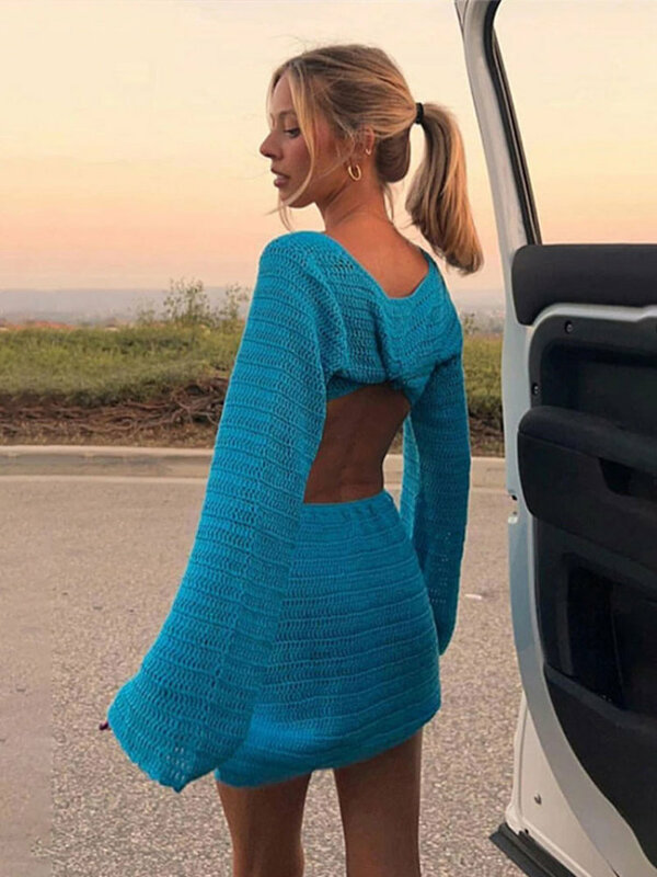 Le donne hanno tagliato il vestito all'uncinetto lavorato a maglia estivo senza schienale da spiaggia Sexy 2022 abiti aderenti a maniche lunghe eleganti da festa abiti femminili