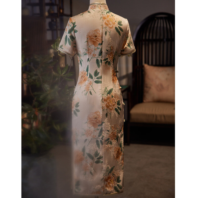 Cheongsam feminino com gola mandarim, qipao, estampa floral tradicional chinesa, manga curta elegante