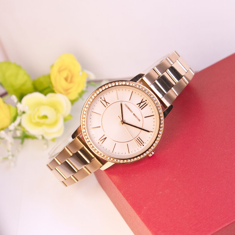 Jam tangan wanita bermerek Set hadiah jam tangan Hannah Martin 34mm Klasik Mewah Rhindiamonds Gerakan Jepang asli gaun pesta jam tangan wanita