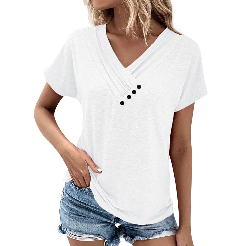 Camiseta de manga curta com decote em v feminina, tops femininos, confortável, monocromática, verão, 2021