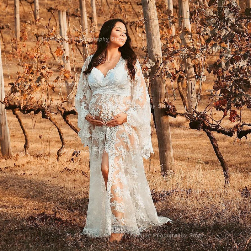 Maternità fotografia abito pizzo ricamo fiore abito lungo stile bohémien abito da donna incinta Robe Grossese Shooting Photo