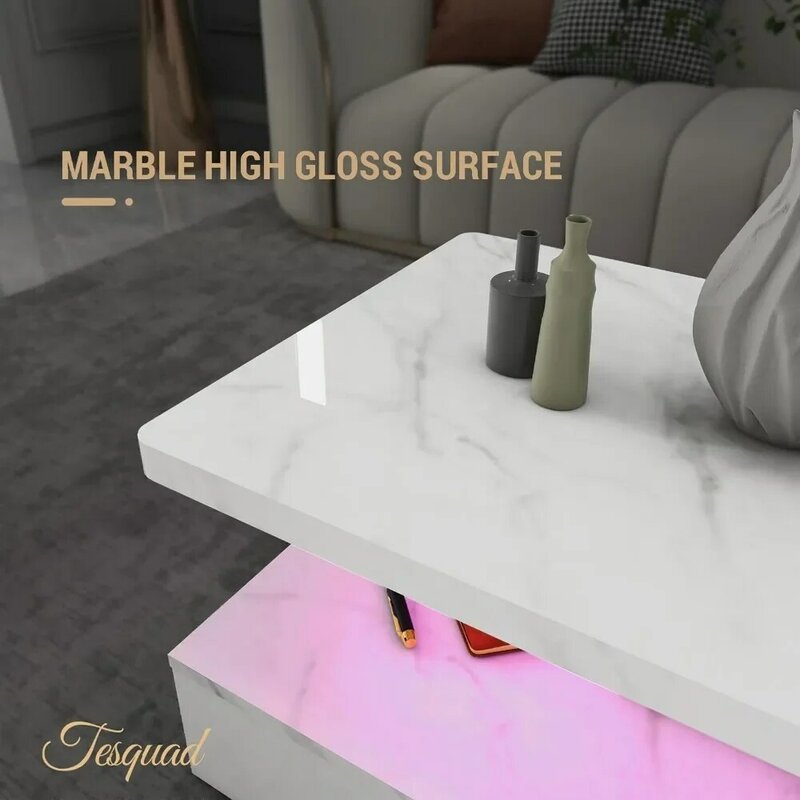 Table basse LED en marbre avec surface brillante, table basse blanche moderne, vente de printemps