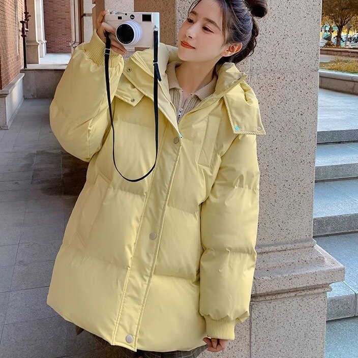 Parka de inverno coreana feminina, cor sólida, quente, bolso grande, com capuz, solta, feminina, casacos casuais