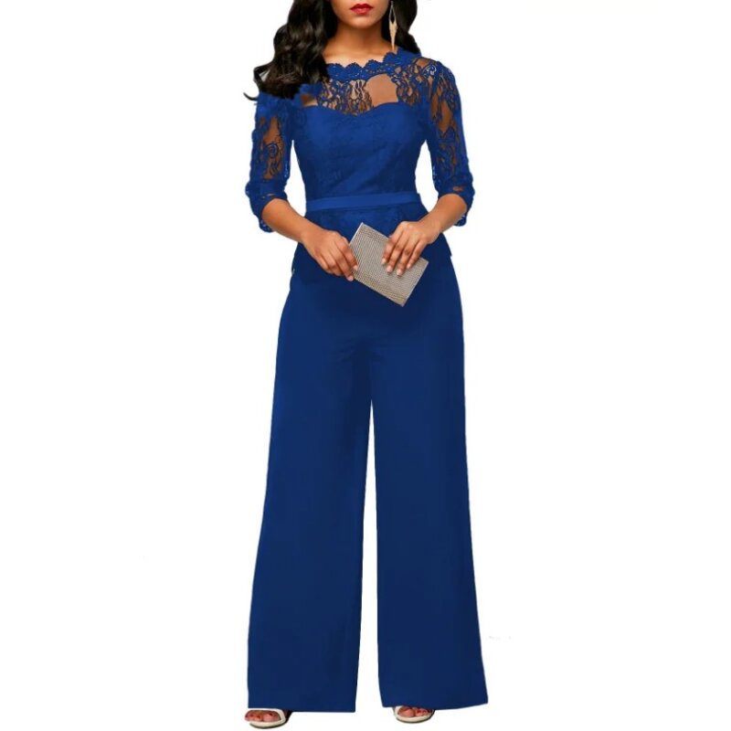Wide Leg Casual Overalls Sexy Women O-neck Solid Lace Elegant Straight Party Jumpsuit Loose Rompers