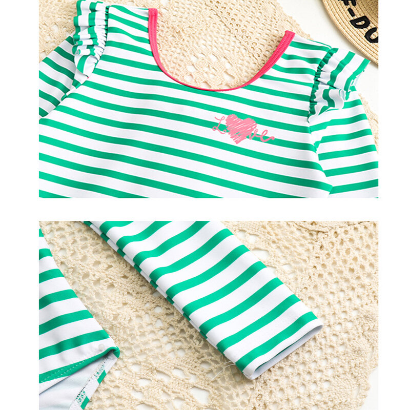 Maiô manga comprida para meninas, listras verdes, swimwear infantil doce, piscina de verão, roupas de praia