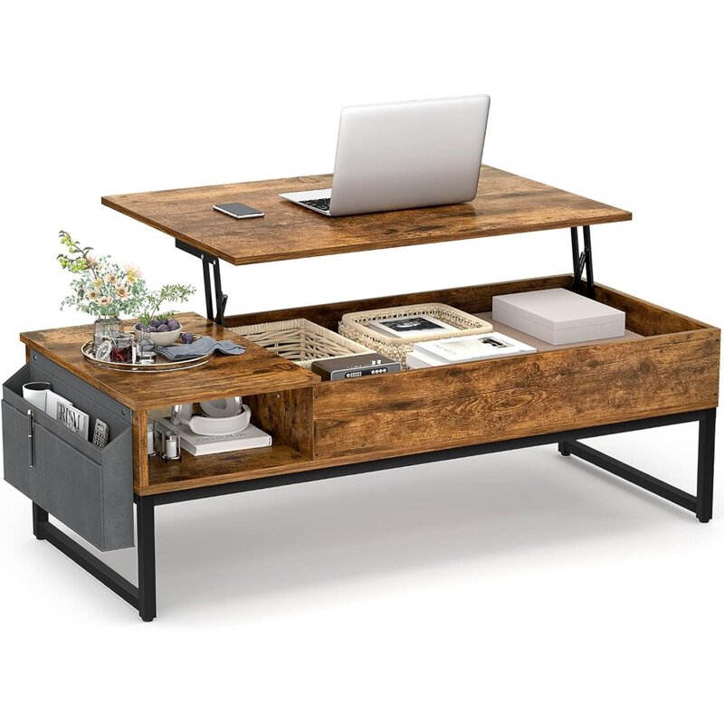 サイドポケット付き木製フレーム中央テーブル、リビングルーム用の調整可能なリフトテーブル、コーヒーテーブル、カフェ家具