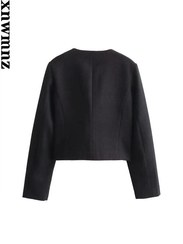XNWMNZ-Veste courte vintage à col rond pour femme avec poche à rabat, blazer femme polyvalent, manches longues, mode automne et hiver 2023