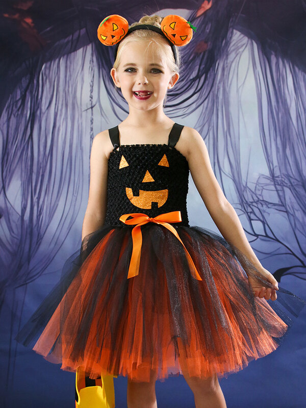 Vestido de princesa abóbora para meninas, fantasia de bruxa, roupa de cosplay infantil, apresentação de bola, vestido de Halloween, novo