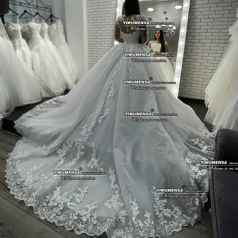 Luksusowa suknia balowa suknia ślubna szyte na miarę z długimi rękawami aplikacja biała księżniczka kobiety suknia ślubna dla panny młodej formalna impreza