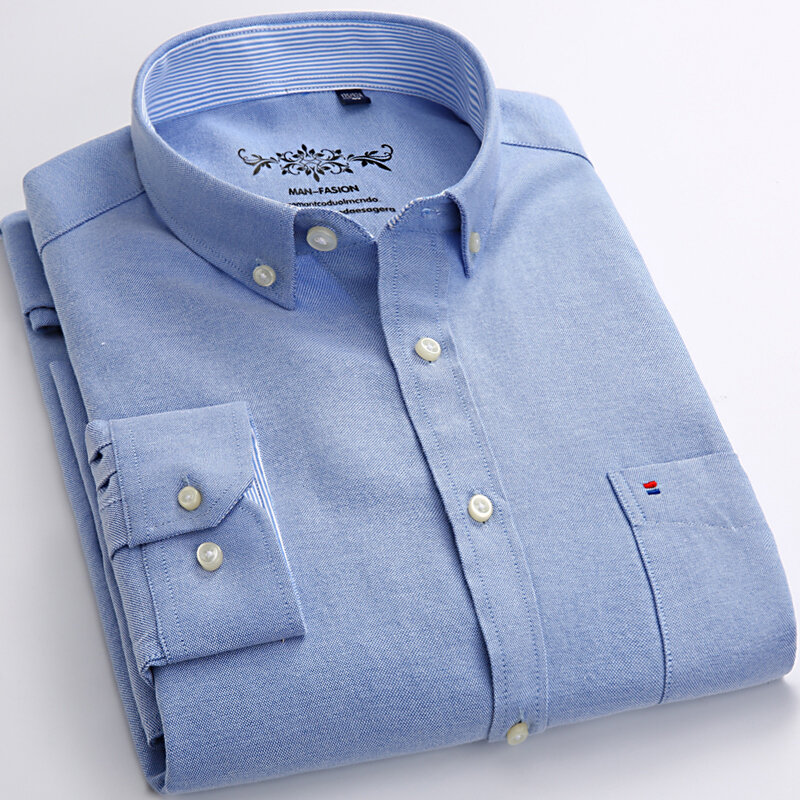 Camisas clásicas de algodón para hombre, Camisa lisa de manga larga de color sólido, top con un solo bolsillo, ropa formal suave y ajustada