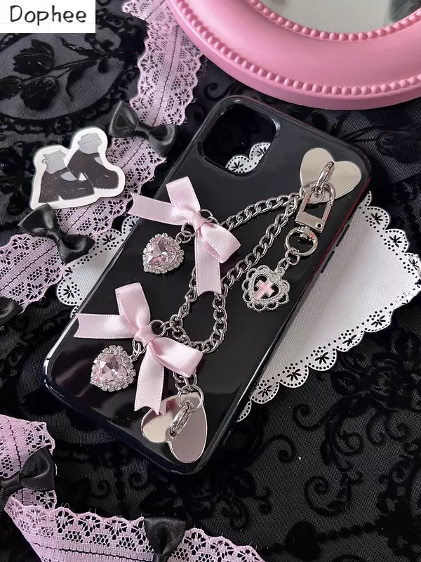 Dophee Original niedlichen Lolita Telefon Fall Punk-Stil Gewürz Mädchen lieben Strass Bogen iPhone 11 12 13 14 15 Promax Soft Phone Cover