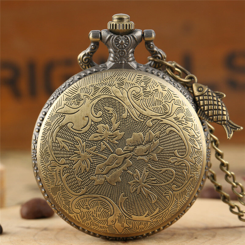 Bronze Quartz Relógio de Bolso para Homens e Mulheres, Relógio Antiquado, Peixe Gravado, Design De Pesca, Número Árabe, Relógio Com Corrente, Presente
