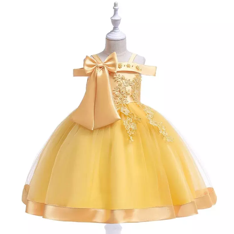 فستان مطرز بالزهور للأطفال بدون الكتف ، فساتين سهرة على شكل حرف a للفتيات ، صغيرة ، بدون أكمام ، أحادية اللون ، أميرة ، جديد