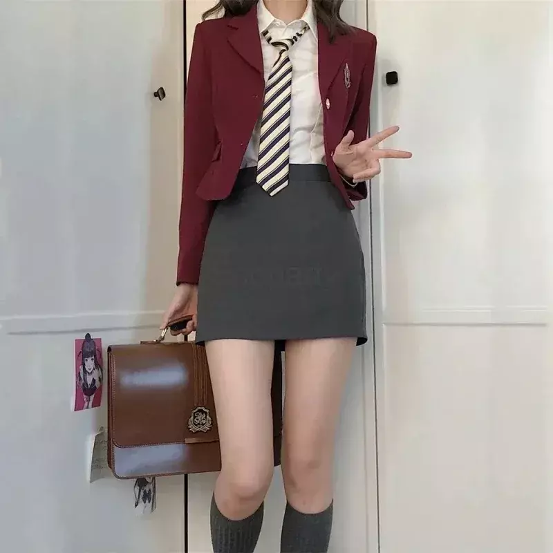 Conjunto de uniforme escolar feminino de cintura alta, blazer feminino, terno estilo coreano, estilo primavera, moda outono, novo