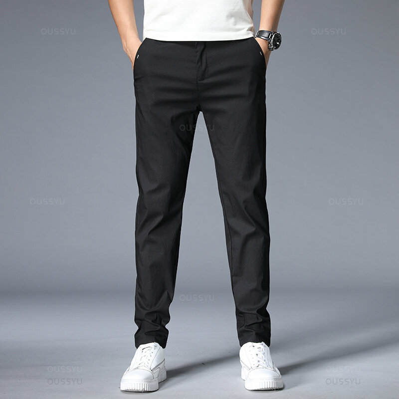 Spring Summer Casual Pants Men Thin Stretch Slim Fit Elastic Waist Business Classic Korean Trousers Male Khaki Gray 38
