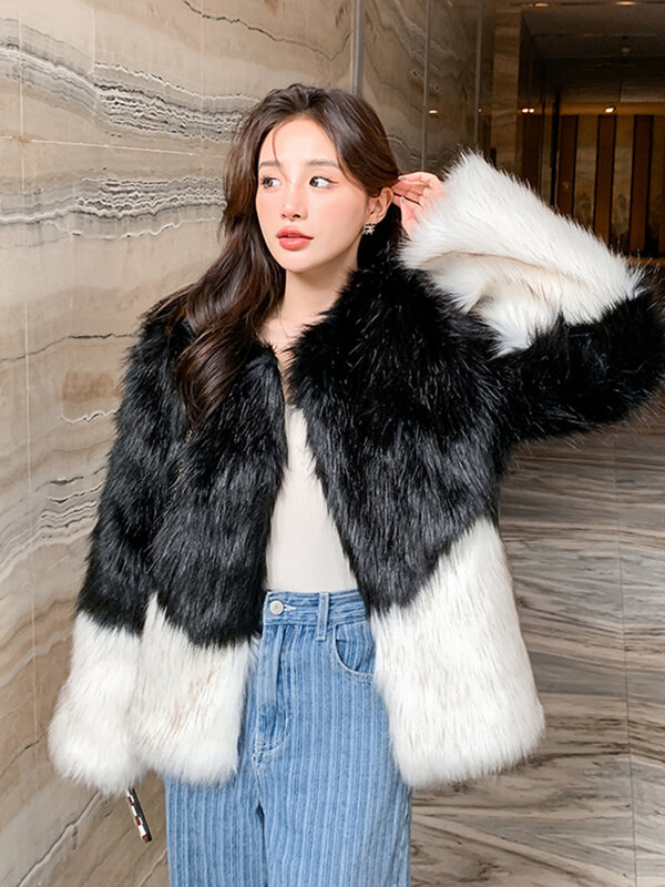Zoki-abrigo de piel sintética de zorro para mujer, chaqueta cálida y gruesa de felpa, ropa informal de oficina de retales coreanos, elegante, a la moda, para invierno