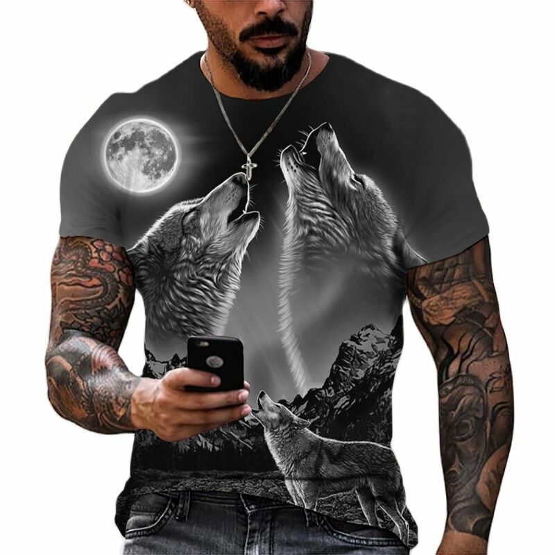 Мужская футболка с коротким рукавом и принтом волка, Повседневная Уличная футболка с 3d-рисунком животных, футболка оверсайз, Мужская винтажная одежда, 2024