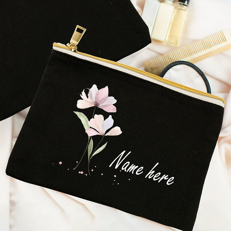 Custom Watercolor Flower Print with Name Makeup Bags Canvas Cosmetics Bag Travel Toiletries Organizer Pouch Clutch Pencil Bag