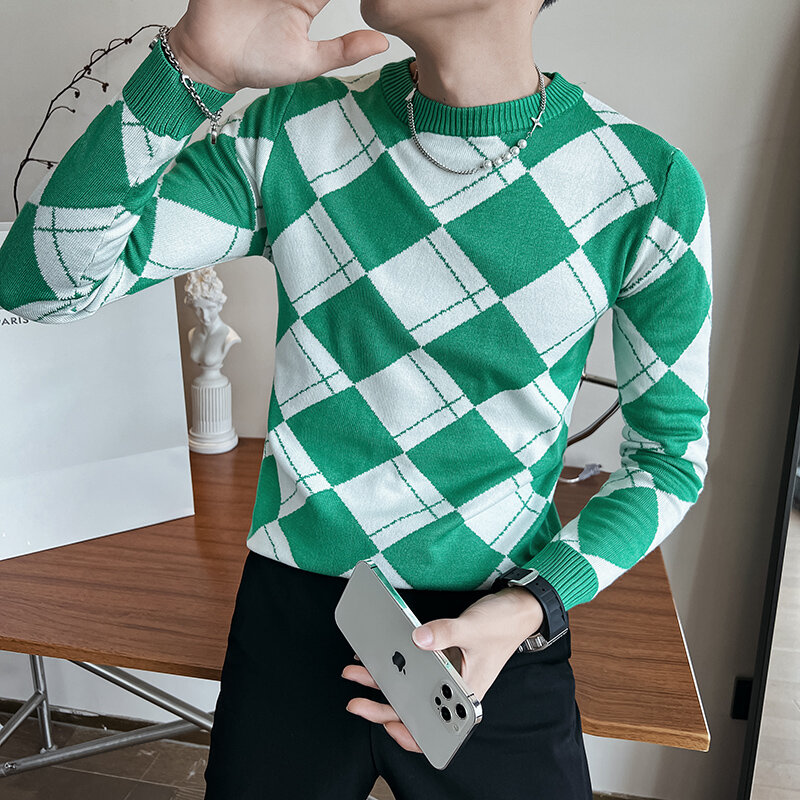 2023 Autumn Winter Stretch Jacquard Woven O-Neck Sweater Men's Waffle Slim Fit Plaid Knitted Pullovers Casual Streetwear Homme