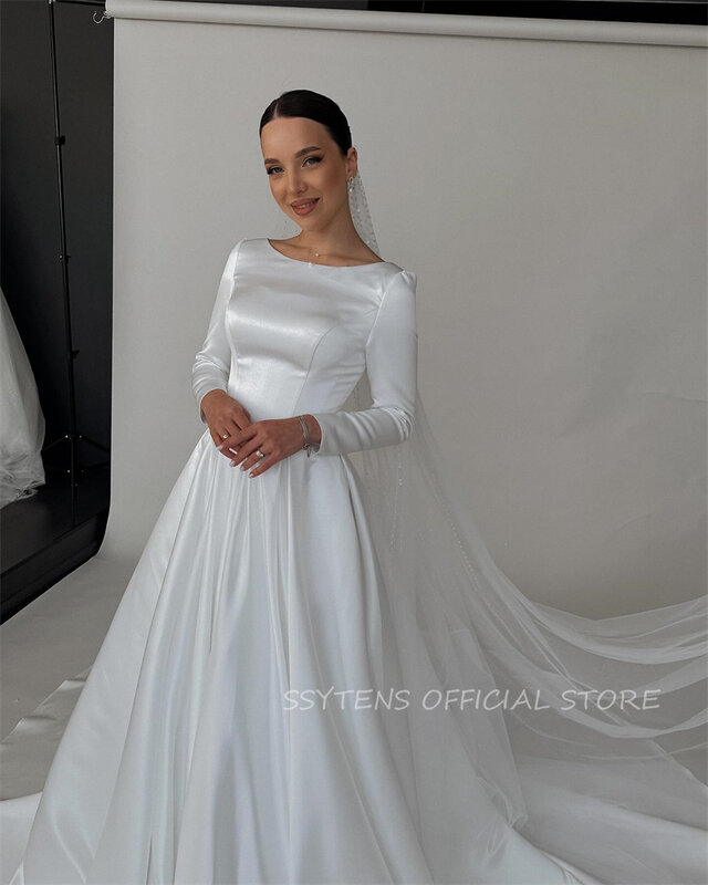 Israel Neuankömmlinge Brautkleider elegante Satin Prinzessin lange Ärmel Braut Brautkleider kleiden eine Linie Königin Vestido de Noiva