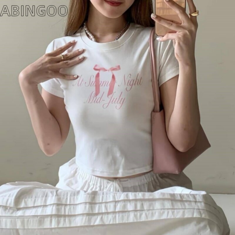 ABINGOO-Camiseta de manga corta Y2K para mujer, Top con estampado de Color sólido desnudo, ajustado, moda urbana, chica picante