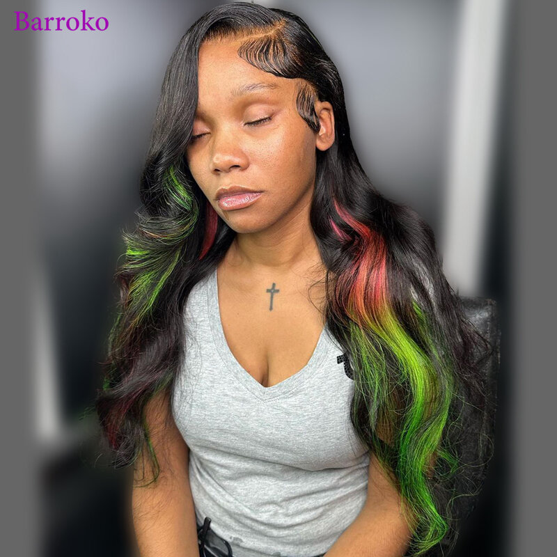 Barroko-Perruque Body Wave Lace pour femme, cheveux humains Remy pré-épilés, reflets roses et verts, couleur brésilienne, 13x4, 34 po