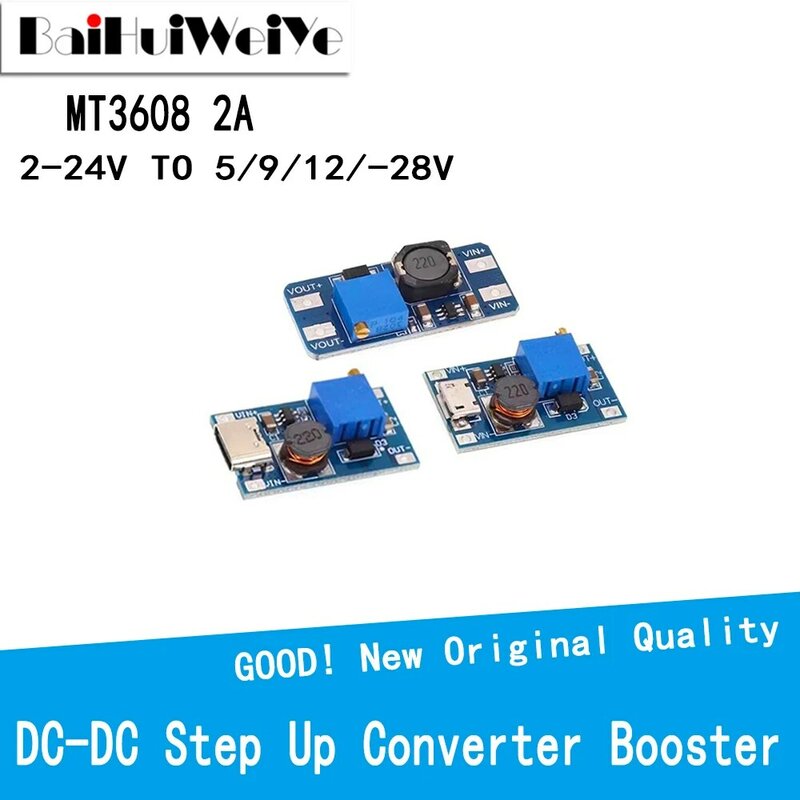 Konverter Step Up DC-DC MT3608, modul catu daya Boost papan Step-up Output TYPE-C/mikro USB 2A 28V Max