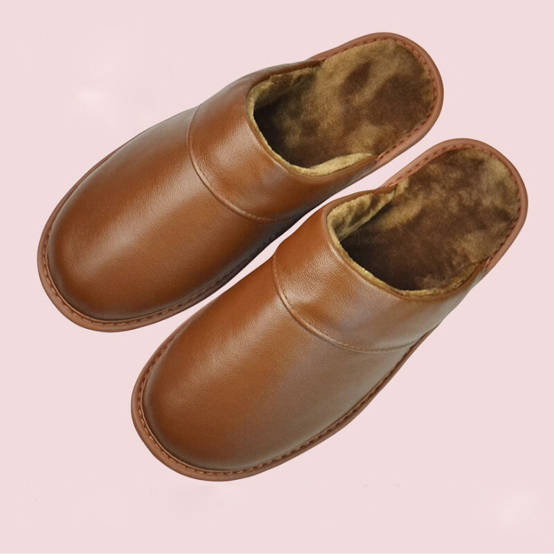 Pantoufles en cuir PU imperméables pour hommes et femmes, pantoufles d'intérieur, chaussures de maison, noir, chaud, hiver, nouveau