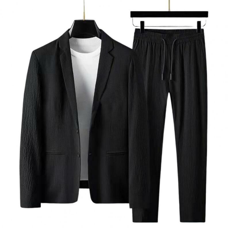 2Pcs Men Blazer Pants Set Spring Fashion Suit Stripe Pleats Long Sleeve Turndown Collar Jacket Drawstring Trousers for Wedding