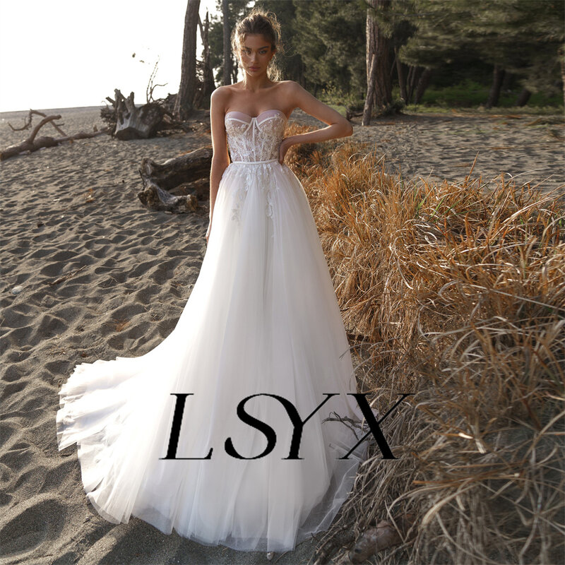 LSYX-vestido de novia bohemio sin tirantes, traje de tul brillante con cuentas y cremallera en la espalda, corte de corazón, tren, novia