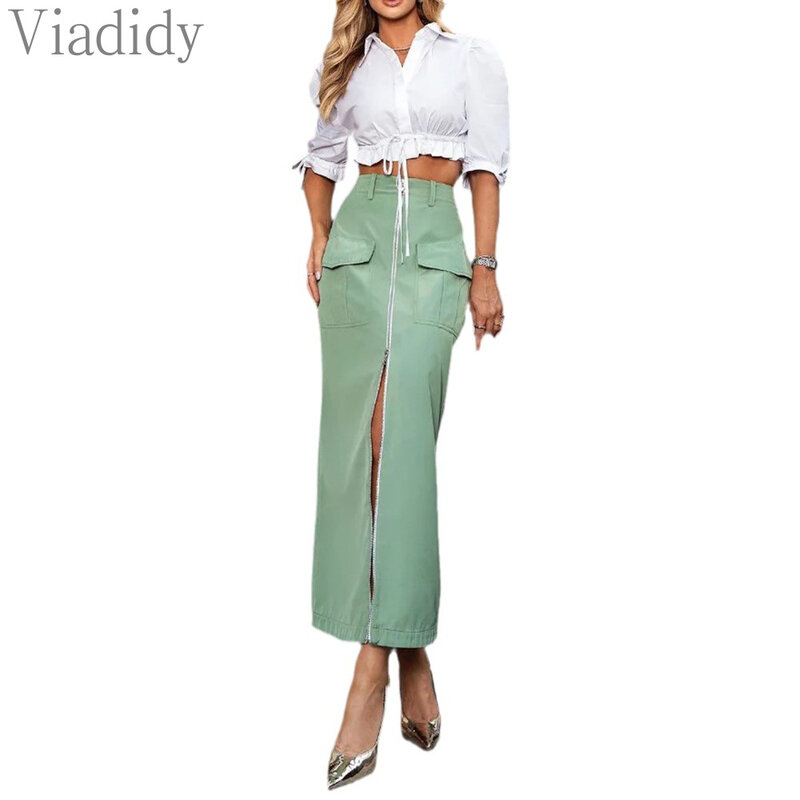 Women Casual Solid Color Turn Down Collar Blouse and High Waist Zipper Front Maxi Skirts 2pcs Set