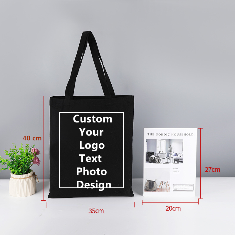 Customi tas kanvas Logo teks desain foto tas belanja wanita tas bahu tas belanja kasual