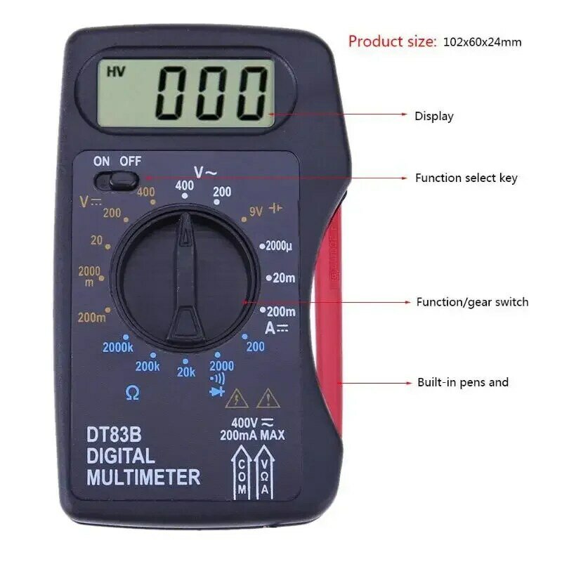 포켓 전압계 디지털 멀티미터 전류계 전압계, 옴 계량기 멀티 계량기 테스터, 전기 기기 미니 멀티미터 DT83B