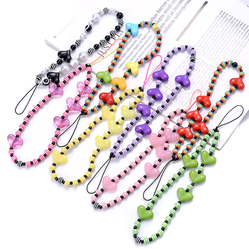 Fashion Colorful Acrylic Mobile Phone Chain Heart Round Beaded Telephone Hanging Cord For Anti-Drop Women Girl Phone Case Chain