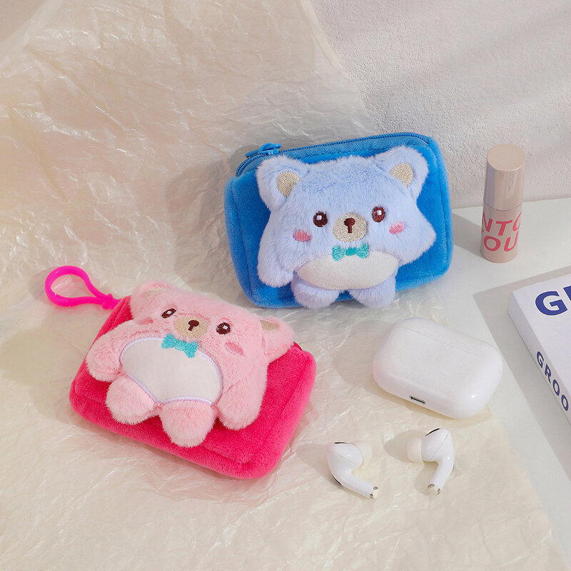 Cute Cartoon Plush Bear Mini Cosmetic Bag, Monocromática Portable Storage Bags, Key Coin Purse, Carteiras Pequenas, Acessórios, Meninas, 2023