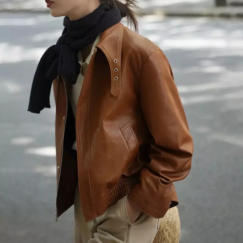 Короткая кожаная женская куртка на весну и осень, новая корейская мода, повседневный топ на молнии с пуговицами в стиле Харадзюку, элегантное тонкое кожаное пальто