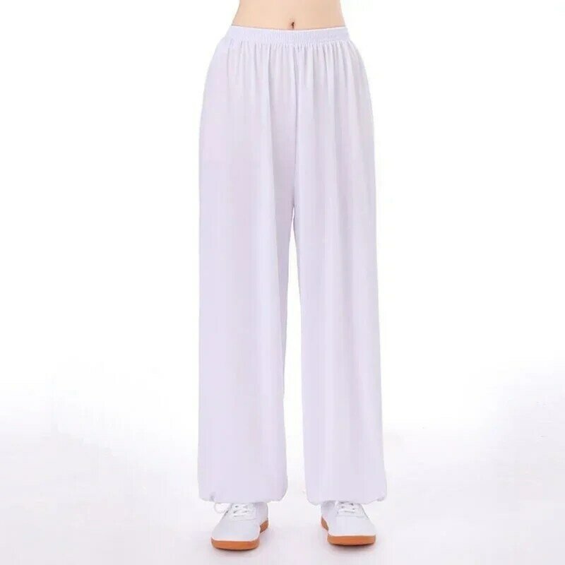 Spodnie z odzieżą Tai Chi Unisex spodnie Tai Chi lodowy jedwab gimnastyka poranna lato Plus rozmiar luźne spodnie do ćwiczeń sztuk walki