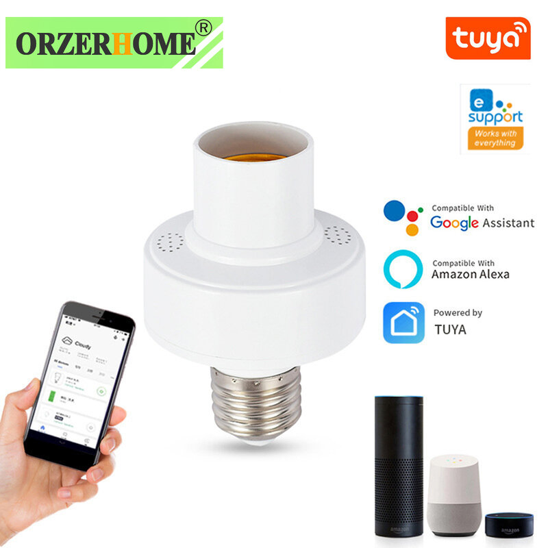 Tuya-音声制御付きインテリジェント電球アダプター,音声制御付きLEDランプホルダー,Google Home用,e27,AC100-240V