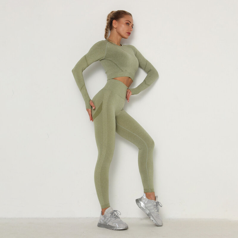 Europeu e americano sem costura feminino casual yoga roupas hip-levantamento de cintura alta fitness apertado-encaixe de mangas compridas terno esportivo