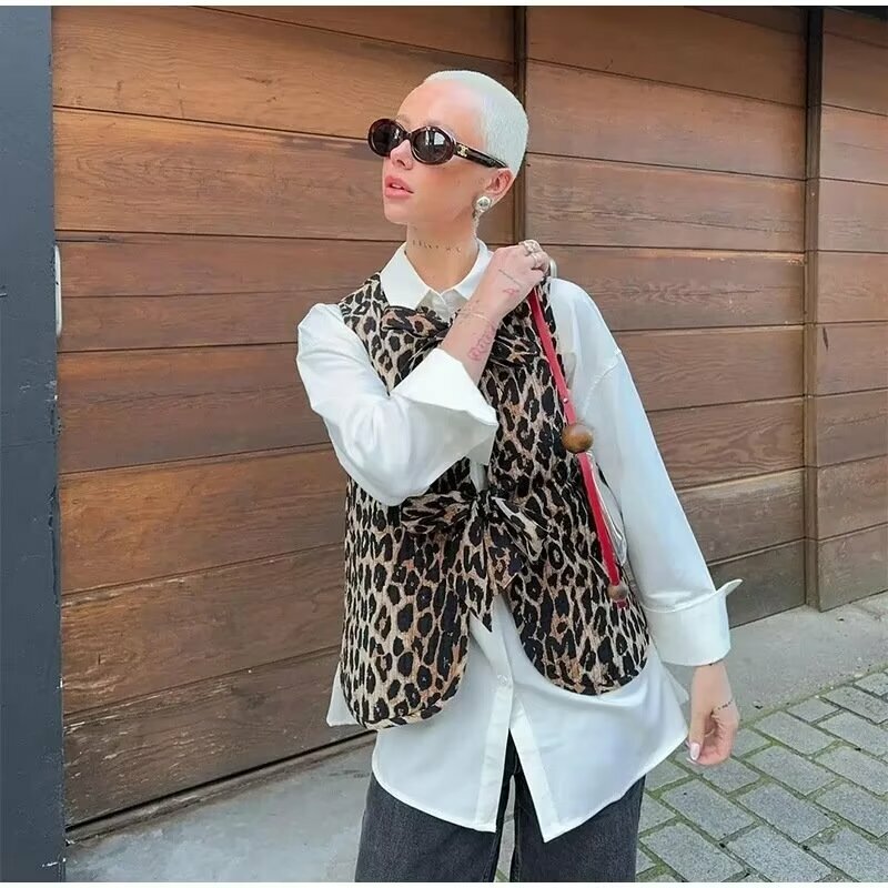 ZAURA primavera/estate 2024 nuove donne con scollo a v fiocco decorazione moda modello leopardo gilet