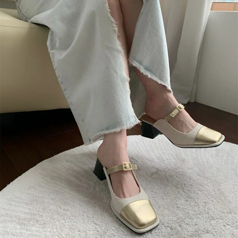 Summer Street Style Slippers Woman Fashion Square Toe Thick Heel Mules Shoes Ladies Party Prom Zapatos De Mujer