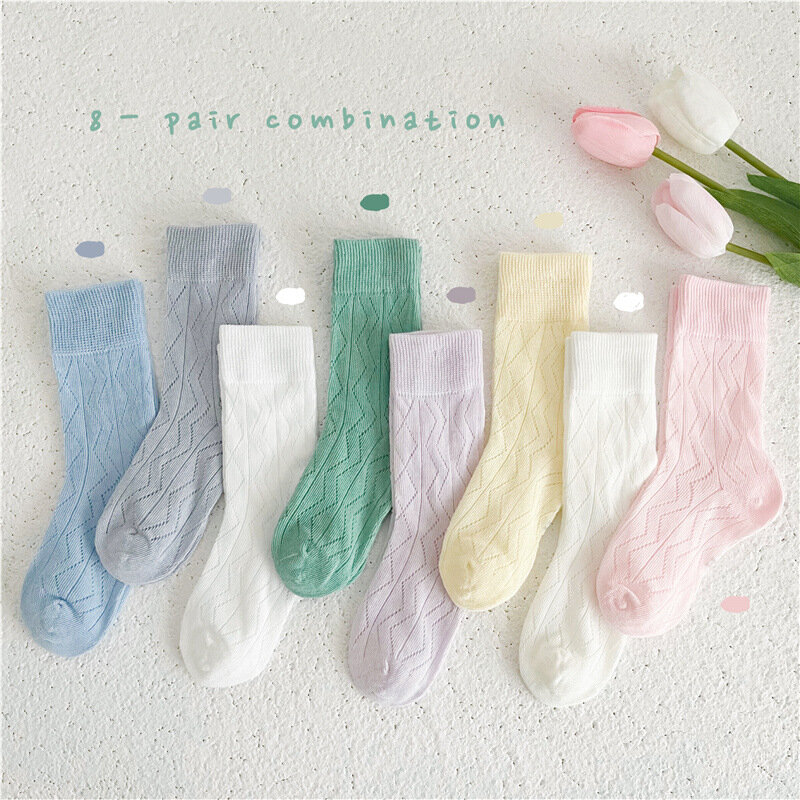 2024 Spring Summer Baby Socks Boys Girls Solid Thin Socks 4 Pairs/lot Cotton Sock Hollow Crew Socks