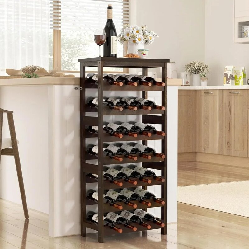 Étagères de stockage de vin sur pied T1 28 bouteilles, présentoir à vin en bois massif à 7 niveaux avec dessus de brittop, porte-bouteille sans oscillation