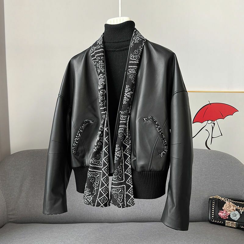 Autumn New Genuine Leather Women Short Casual Sheepskin Fashion Scarf Collar Jacket Women Coat