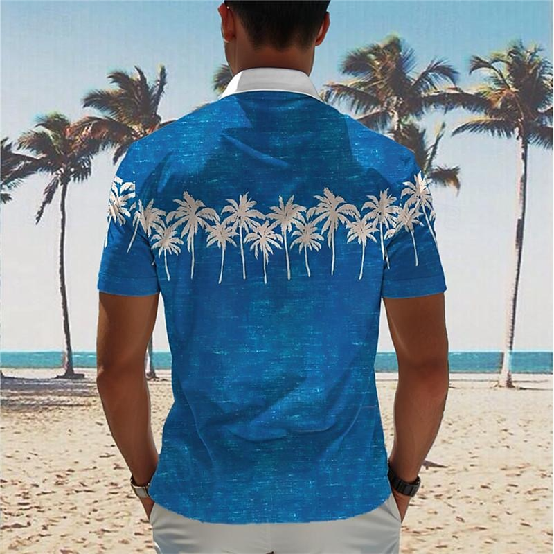 Camisa havaiana para homens, padrão de coqueiro, manga curta, roupa de abotoar, camisa de praia casual, moda