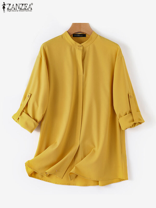 ZANZEA-Chemisier musulman Eid Mubarek pour femme, chemise de travail monochrome, chemise élégante à manches longues, chemise boutonnée en duvet, mode automne 2023
