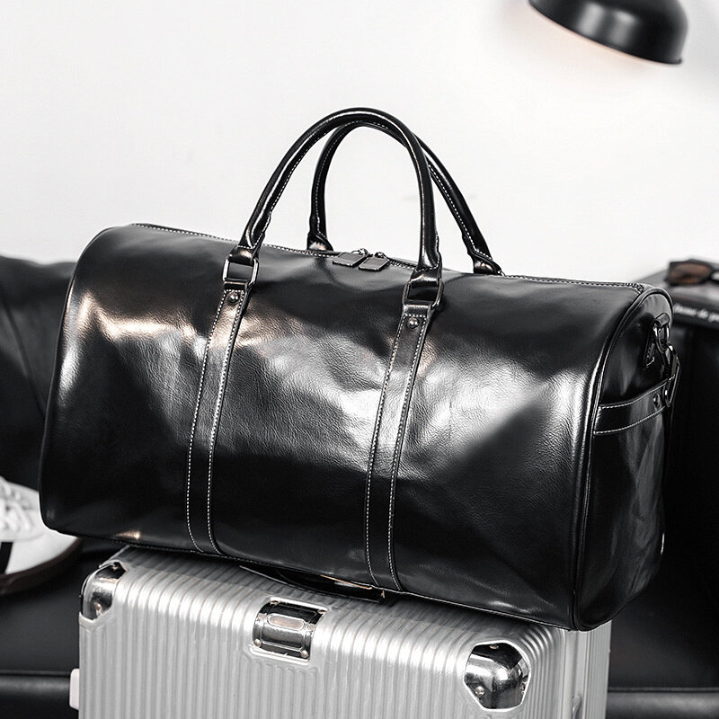 Bolso de mano de cuero PU para hombre, bolsa de viaje de gran capacidad, bolso de hombro informal, bolsa de equipaje portátil, Todo negro