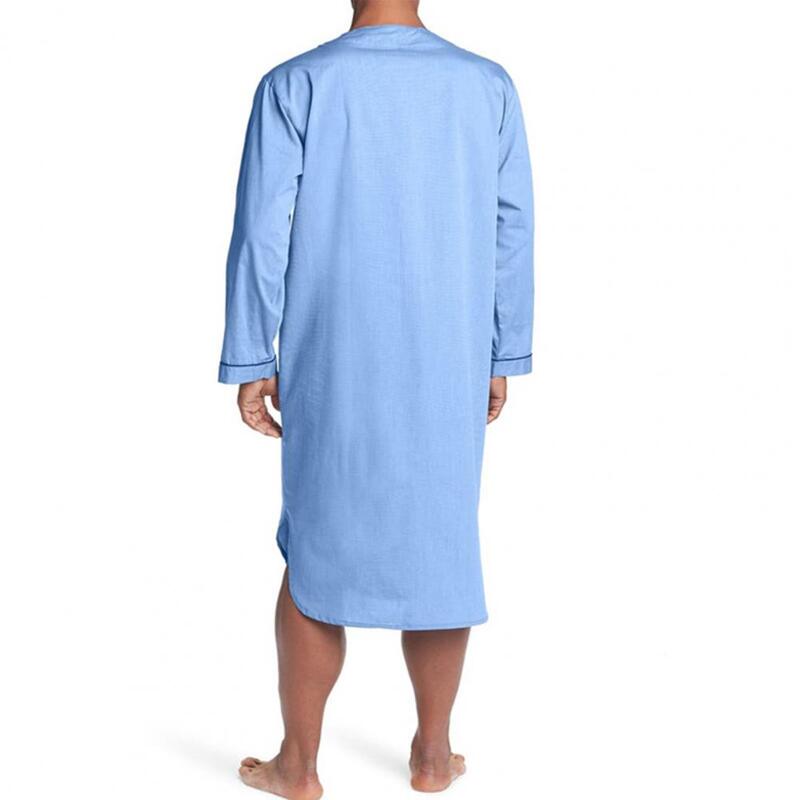 Bathrobe Men's Knee Length V-neck Nightrobe with Pockets Buttons Soft Breathable Night Clothes Solid Color Long Sleeves Pajamas